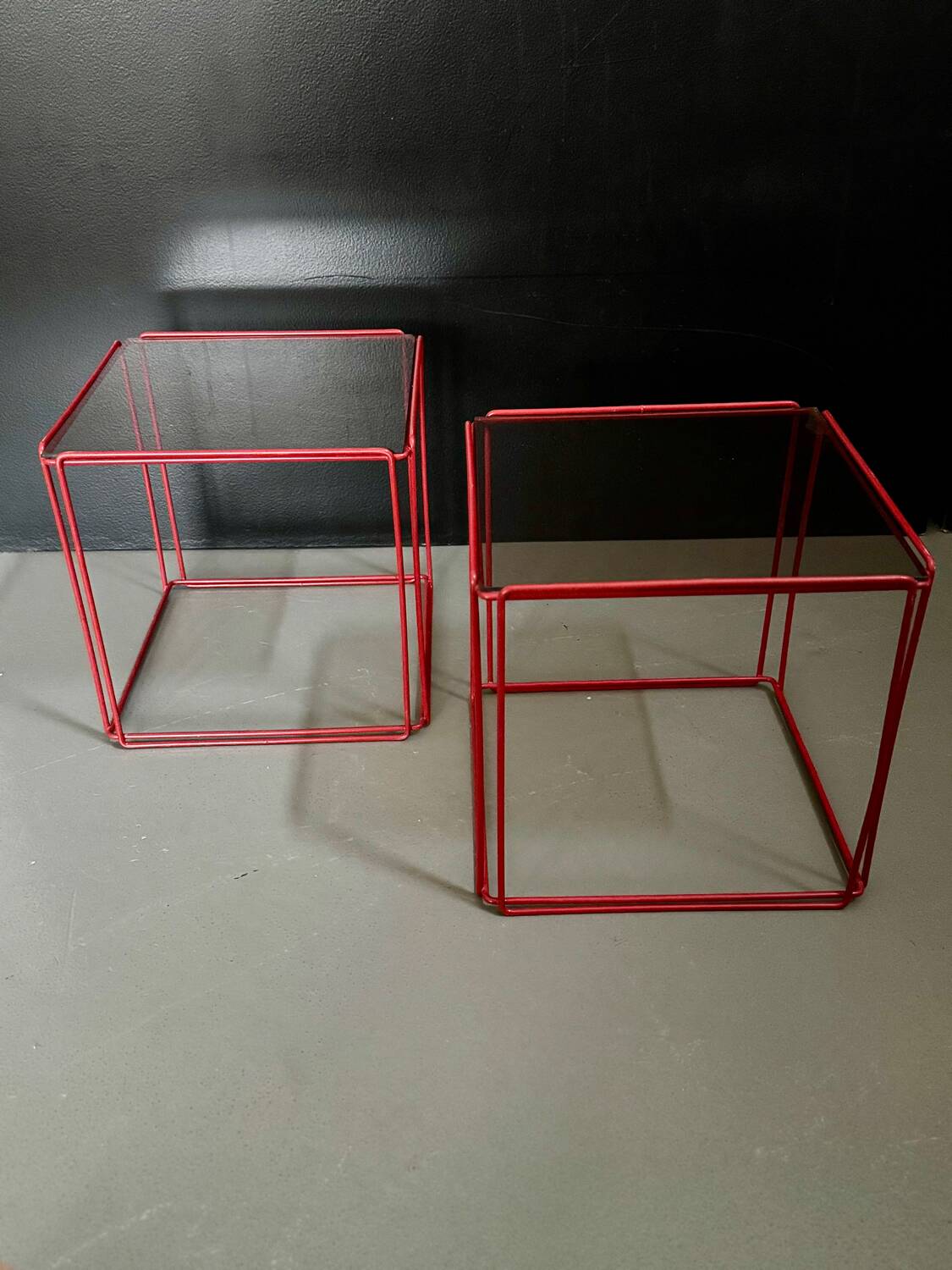 Metal wire and glass cube bedside tables