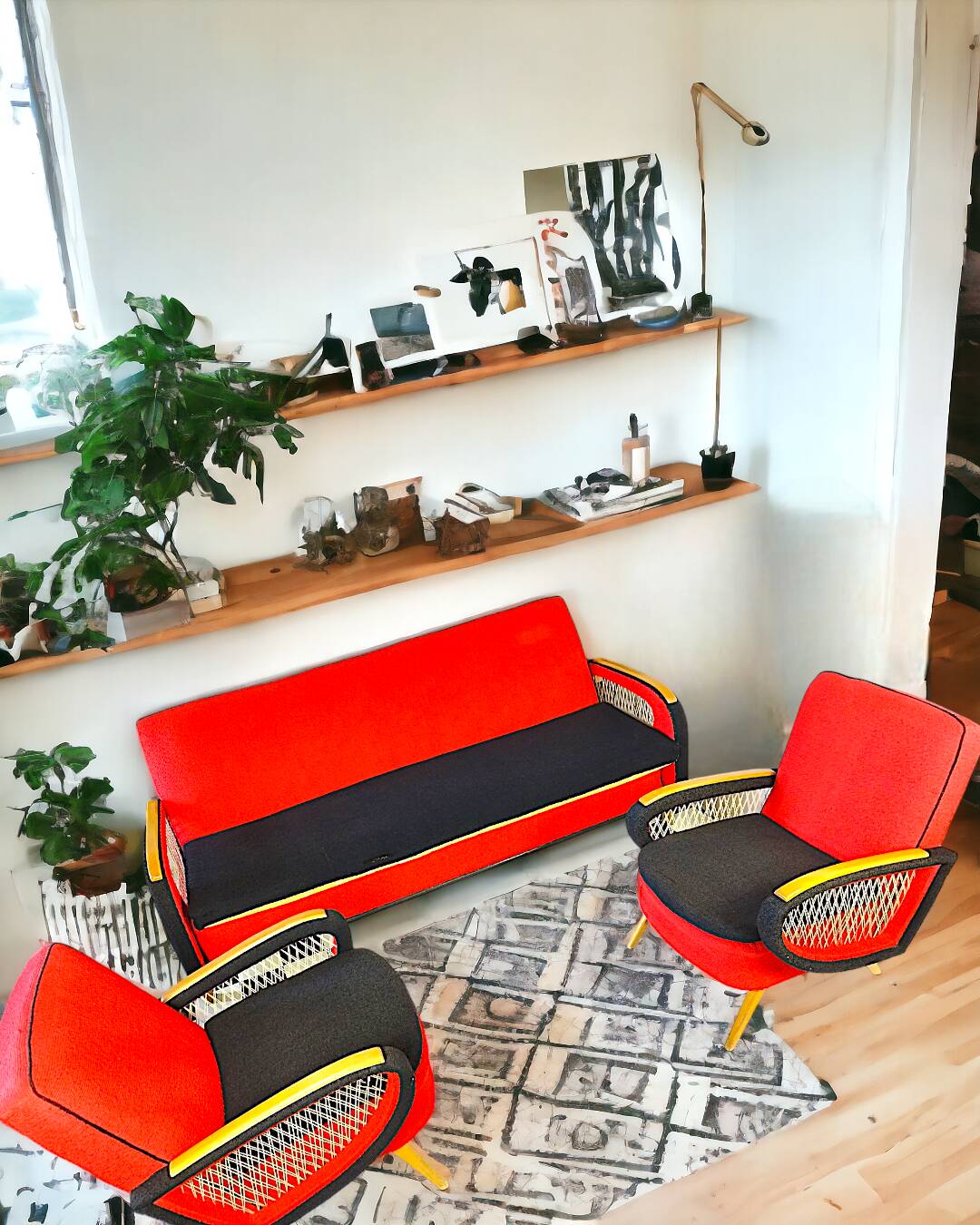 Ensemble de salon Vintage Rockabilly, canapé convertible et fauteuils.