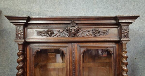 Buffet bibliothèque deux corps ancien en bois sculpté