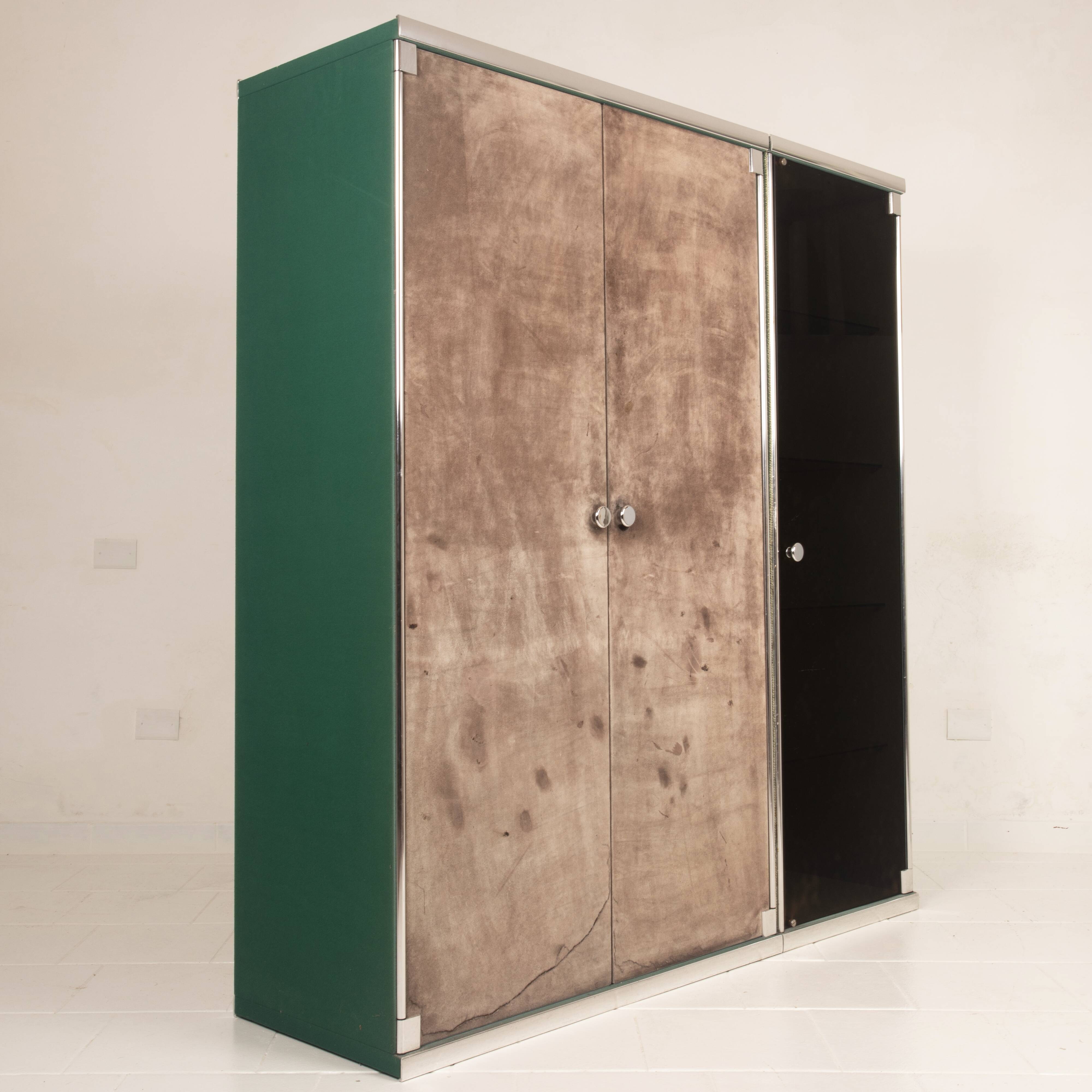 Guido Falsechini Hermès Smoked Glass and Suede Cabinets for i4 Mariani 1970