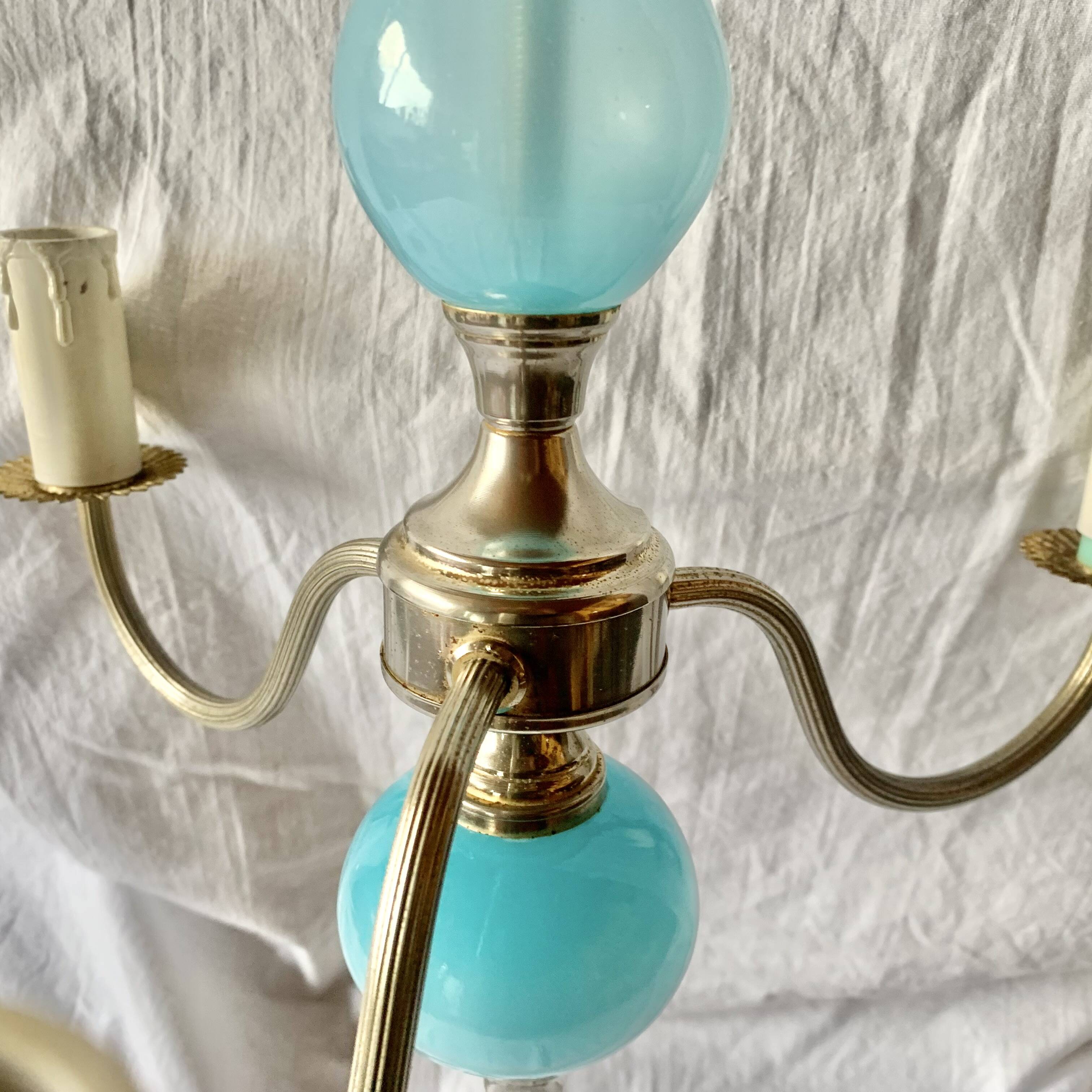 Turquoise opaline and vintage metal chandelier - 3 arms