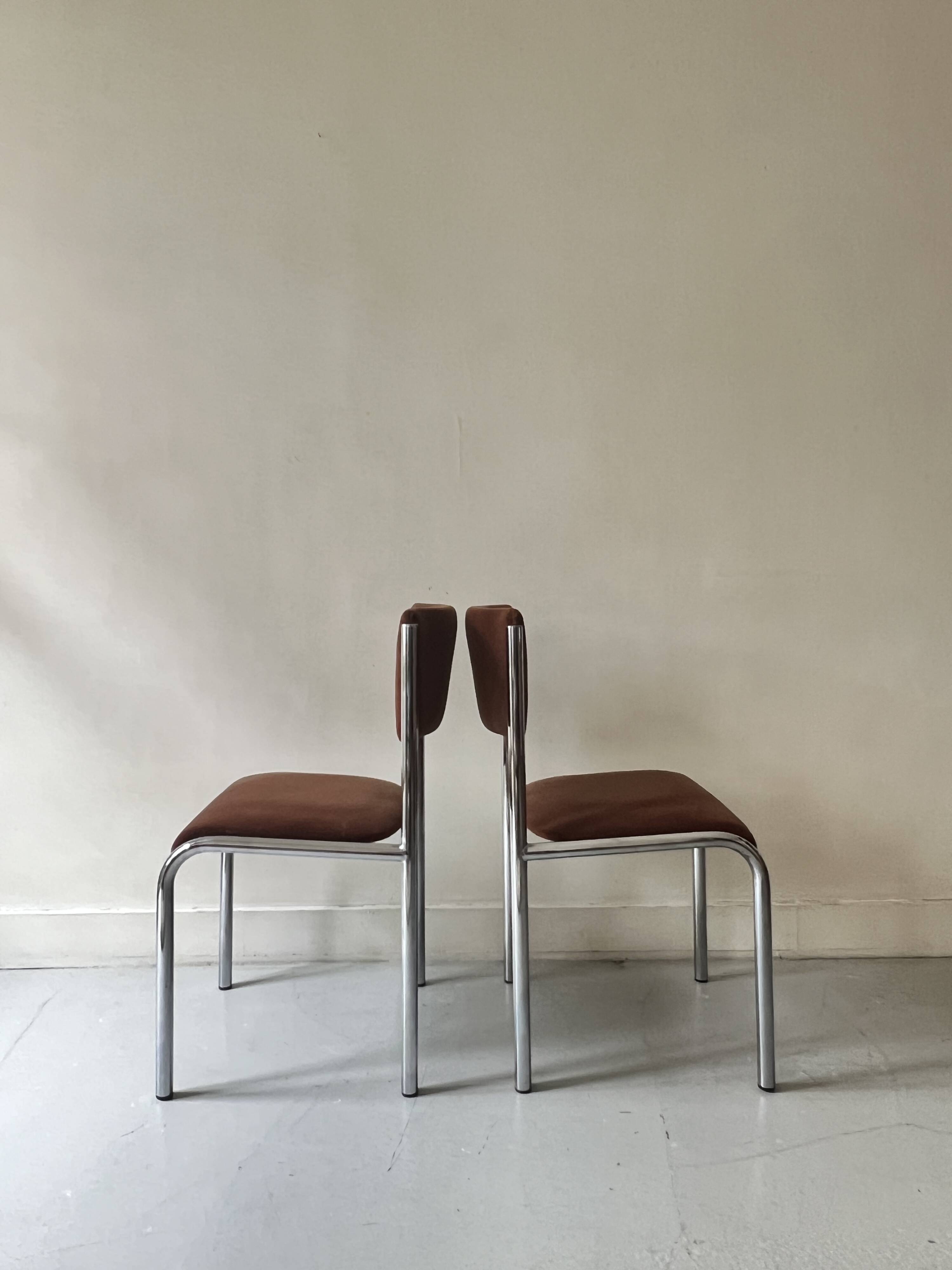 Pair of chrome and chestnut brown velvet chairs, 1970s design