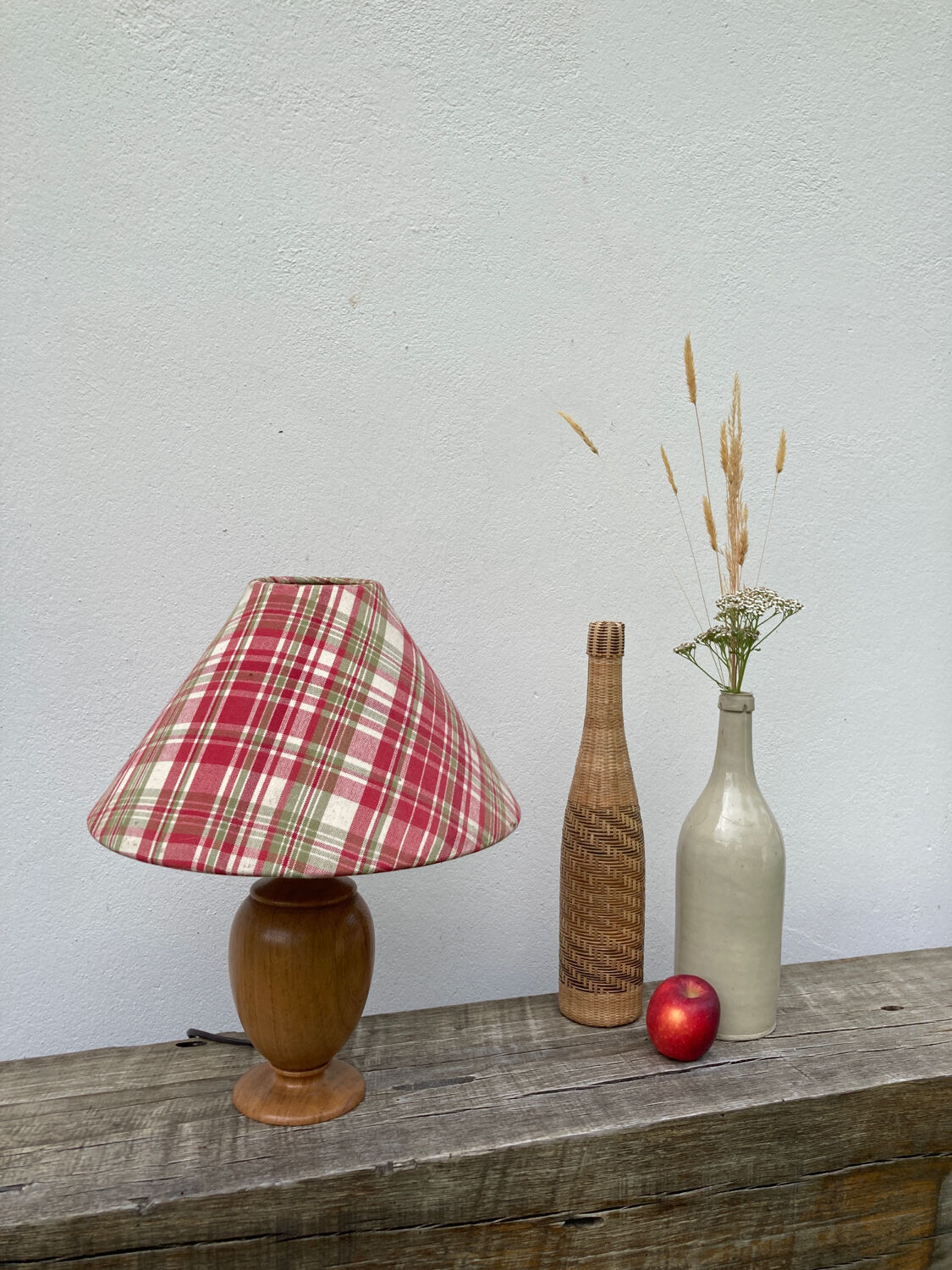 Wooden lamp and vintage red and green striped lampshade