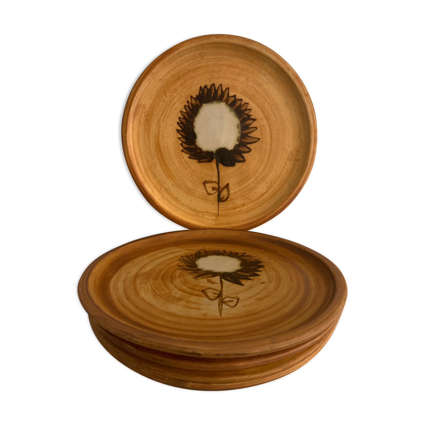 5 plates flat sunflower, Poterie de la Colombe, Vallauris style, 1970