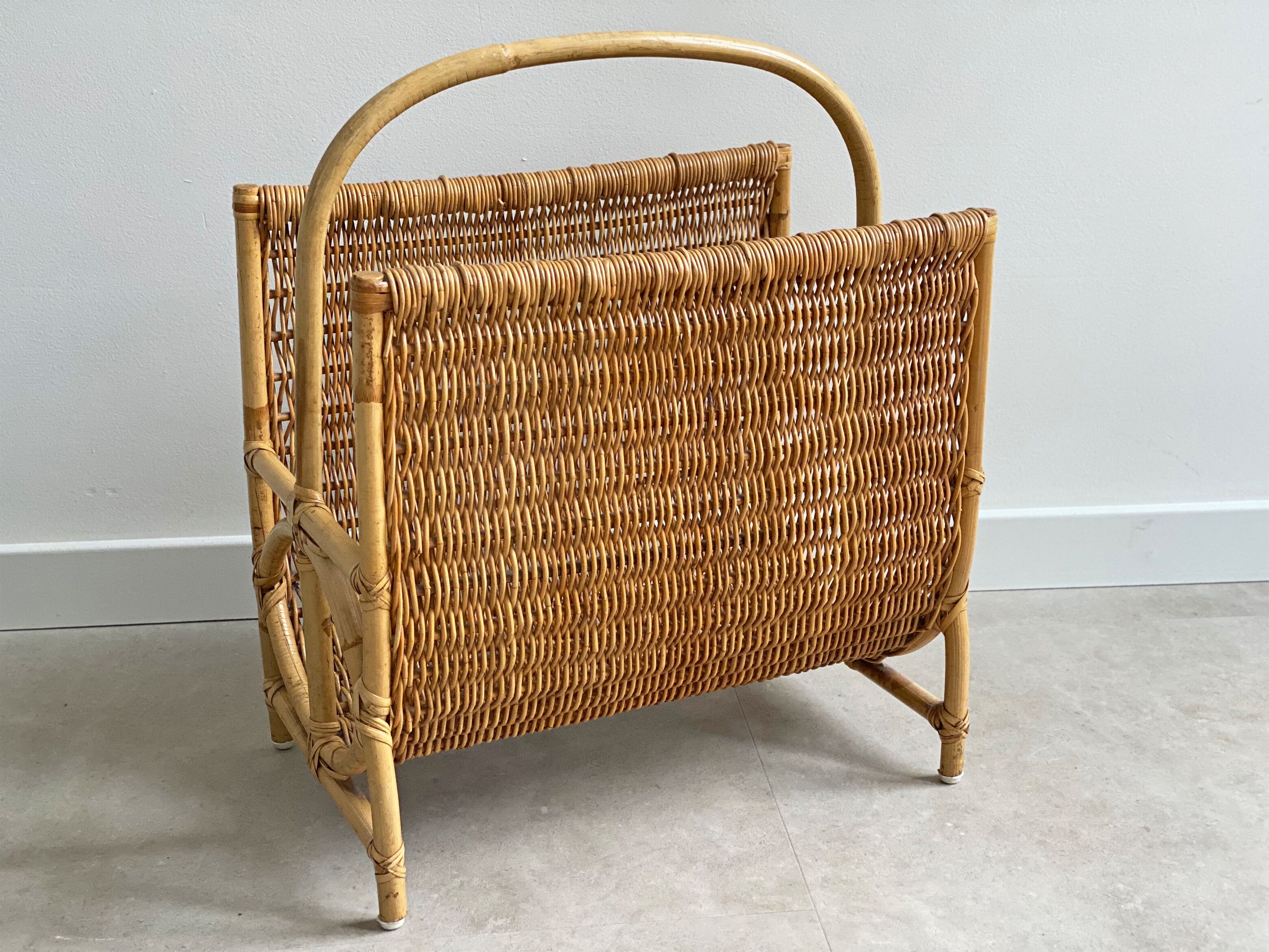 Vintage rattan / wicker magazine rack, magazine basket
