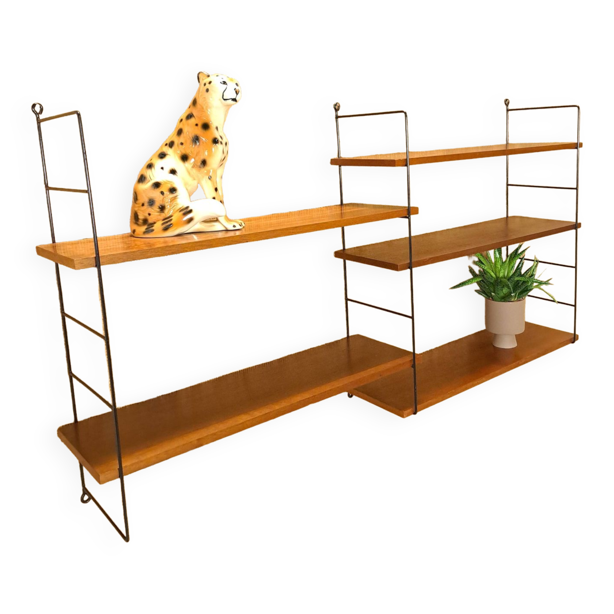 Wall rack with shelves and steel holders, dark wall system