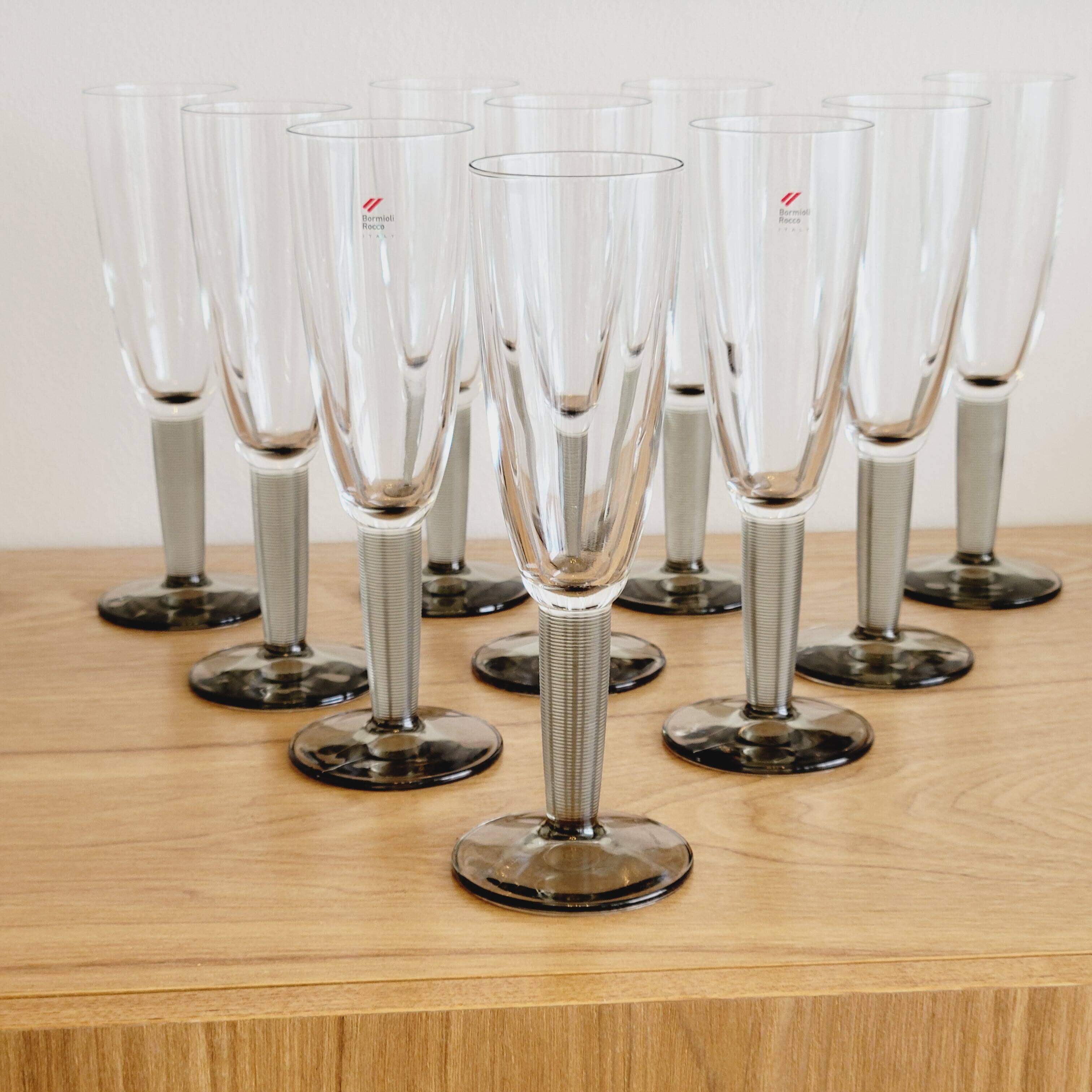 10 Bormioli Rocco Vintage Crystal Champagne Flutes Glasses with Grey Rain Foot