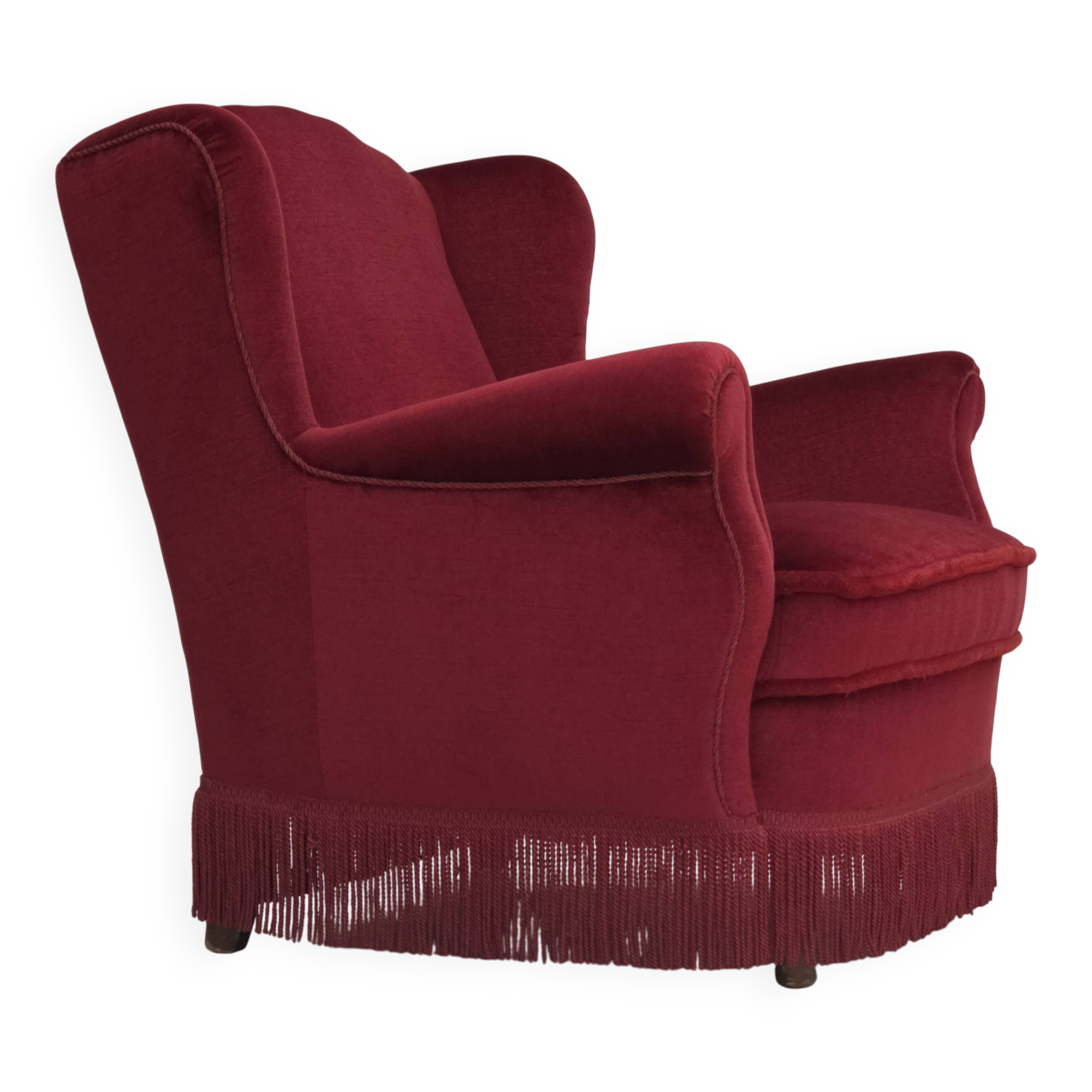 1960s, Danish armchair, red furniture velour, beech wood legs.