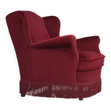1960s, Danish armchair, red furniture velour, beech wood legs.