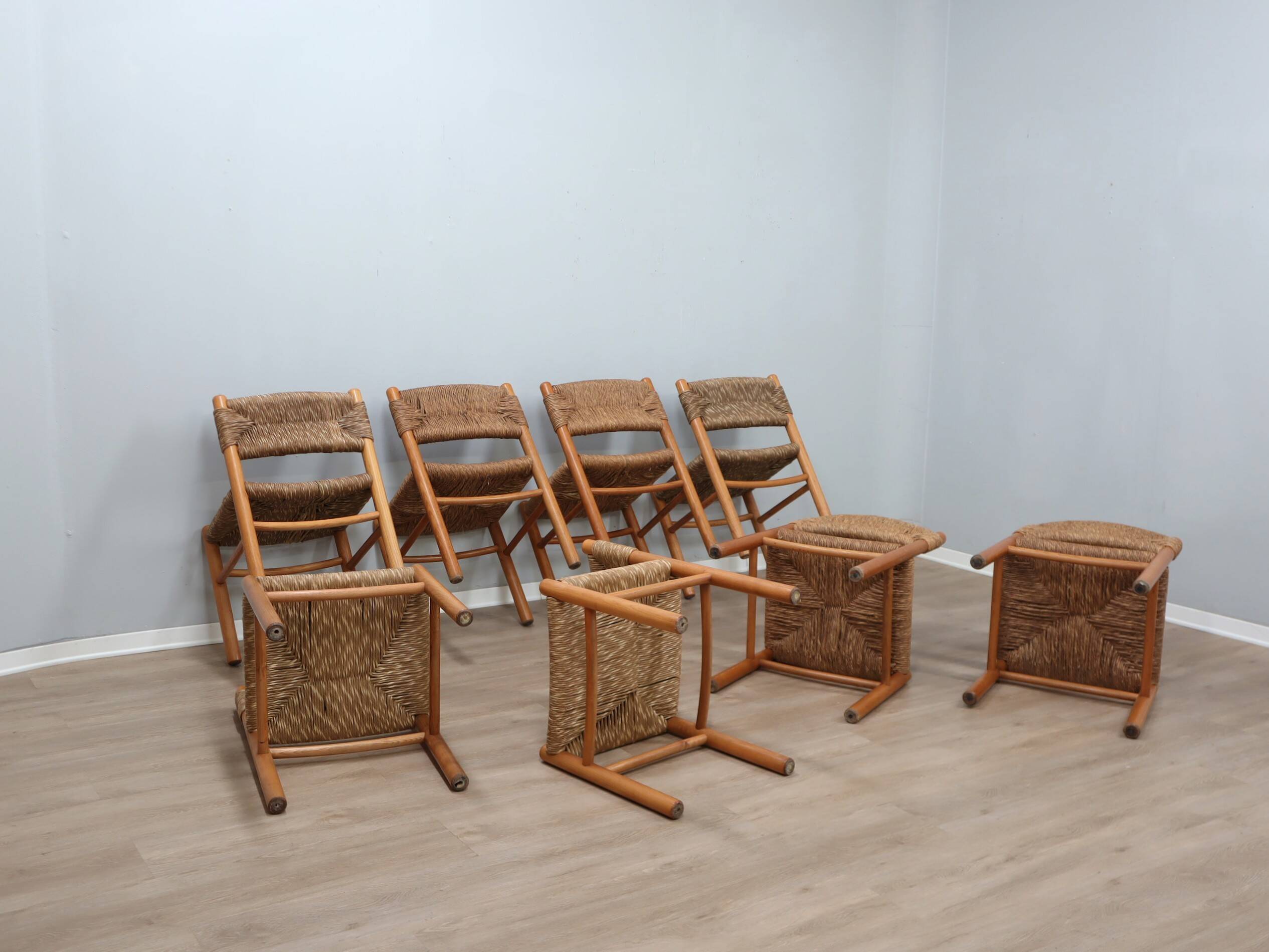 Set of 8 chairs 1960s Charlotte Perriand Style woven straw & wood