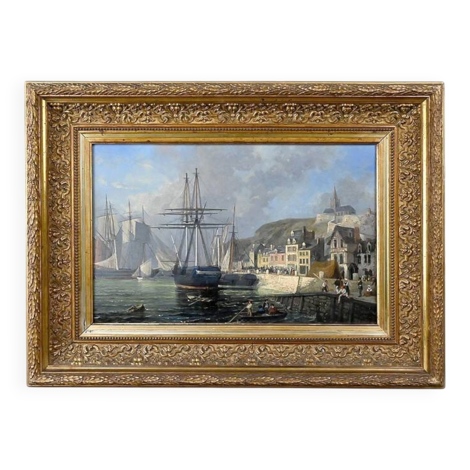Tableau "Quay in Light", oil on panel, signed Jules d'Évry – Mid 19th century