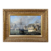 Tableau "Quay in Light", oil on panel, signed Jules d'Évry – Mid 19th century