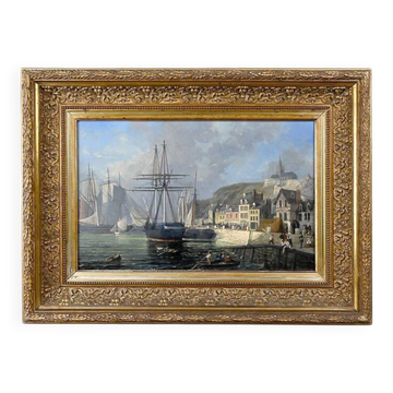 Tableau "Quay in Light", oil on panel, signed Jules d'Évry – Mid 19th century