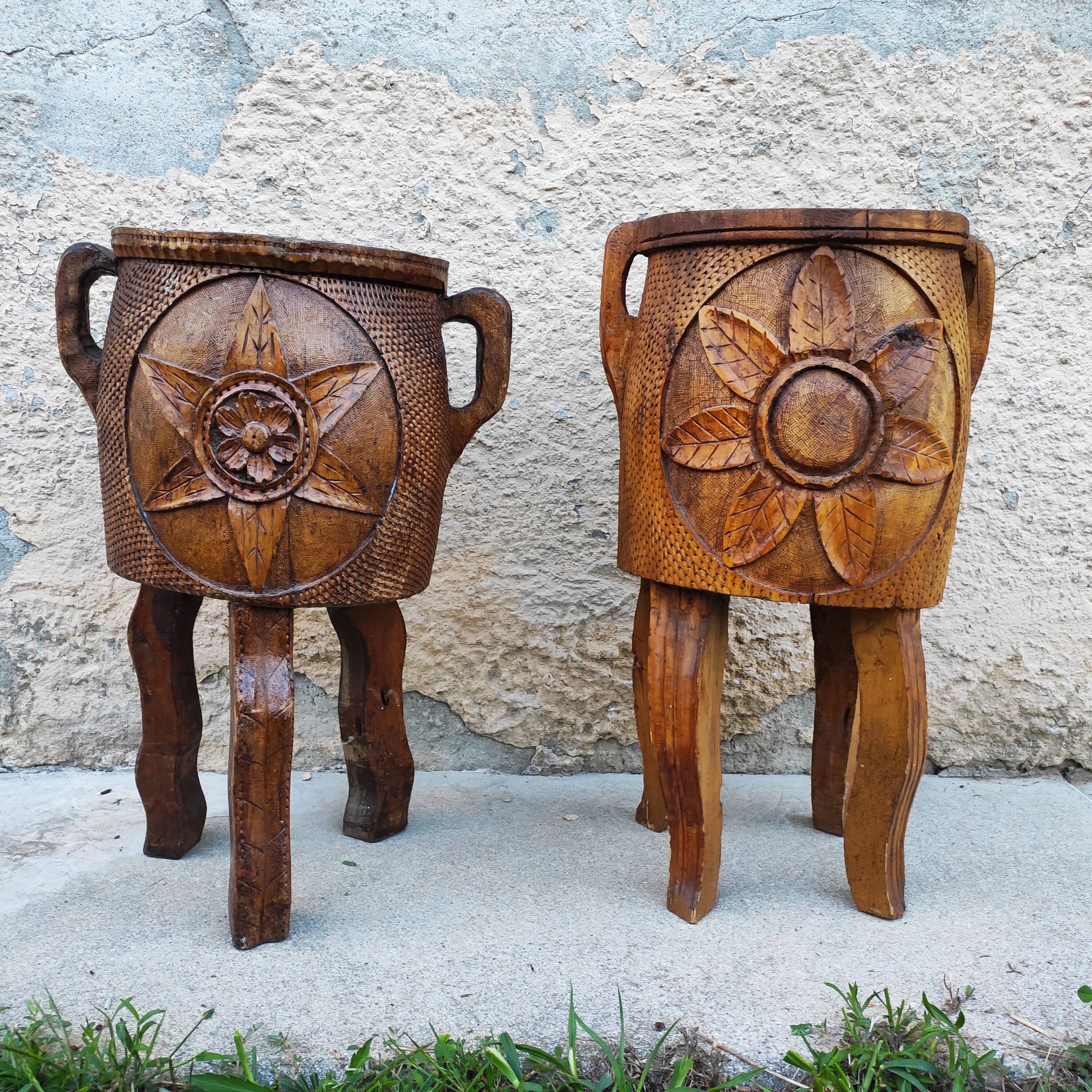 Pair of antique brutalist planters, Savoyard folk art