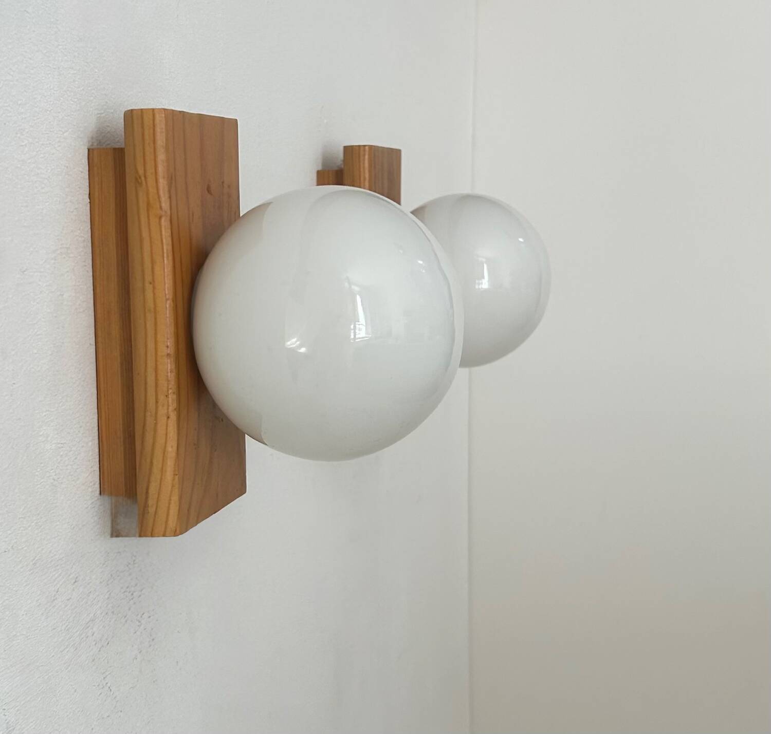 Pair of vintage wall lights, pine and opaline, France 1970