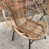 Trio de fauteuils coquille vintage en rotin pieds metal, meubles sièges anciens osier