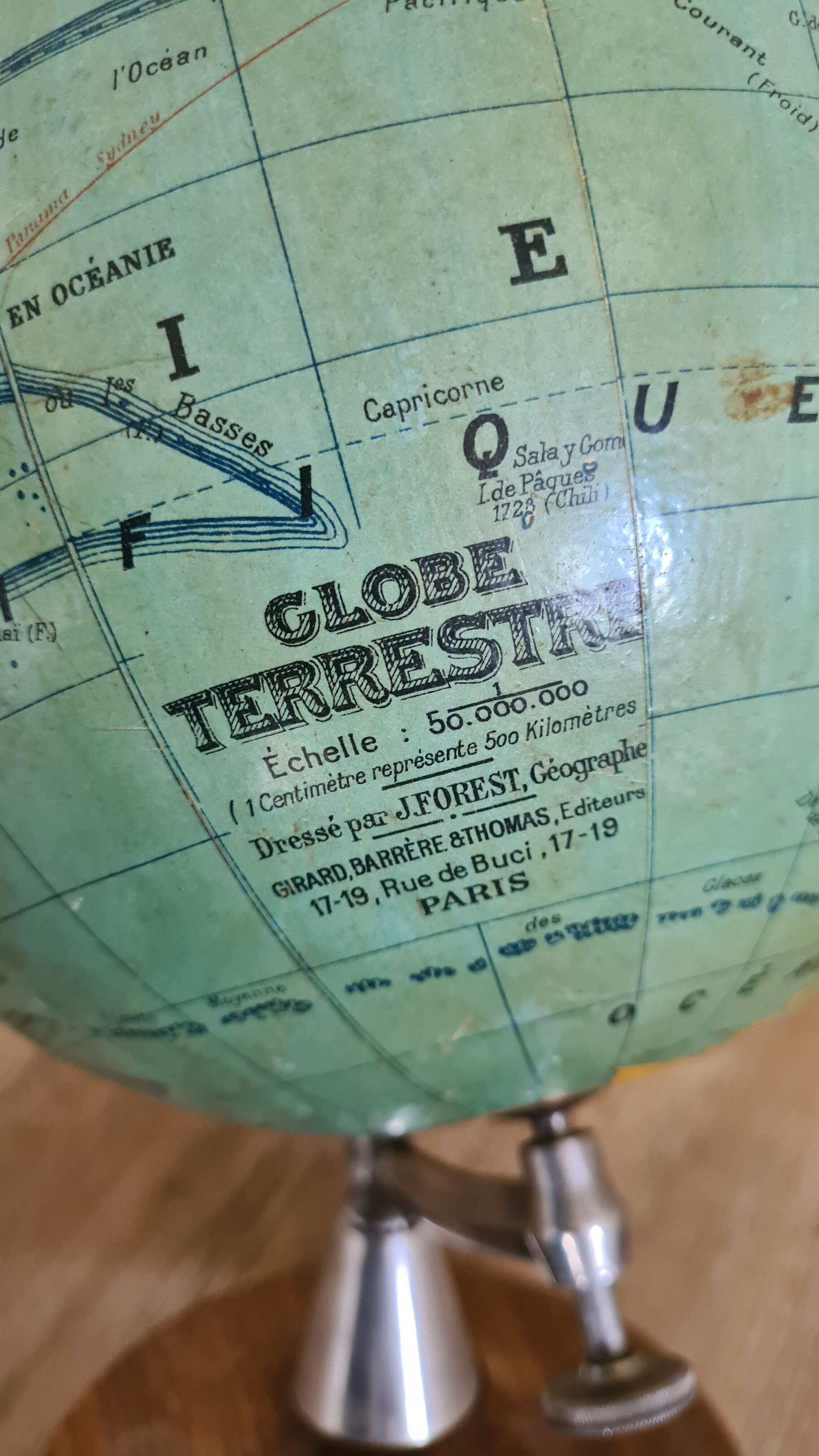 Former globe world map Geographer Joseph Forest Paris wood XIXth