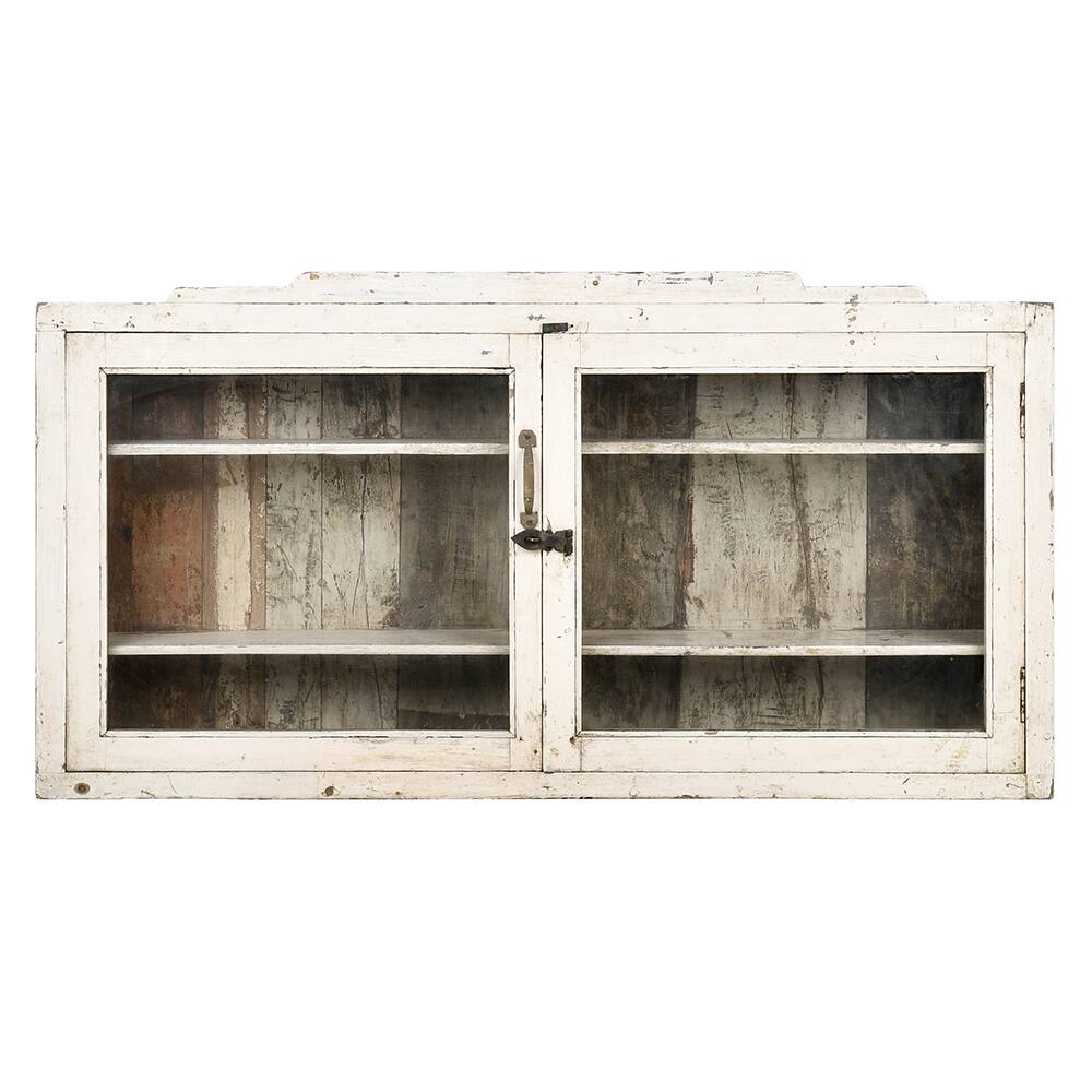 Solid wood wall display case with white patina