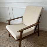 Scandinavian style armchair in wood and ecru fabric, 1950-1960