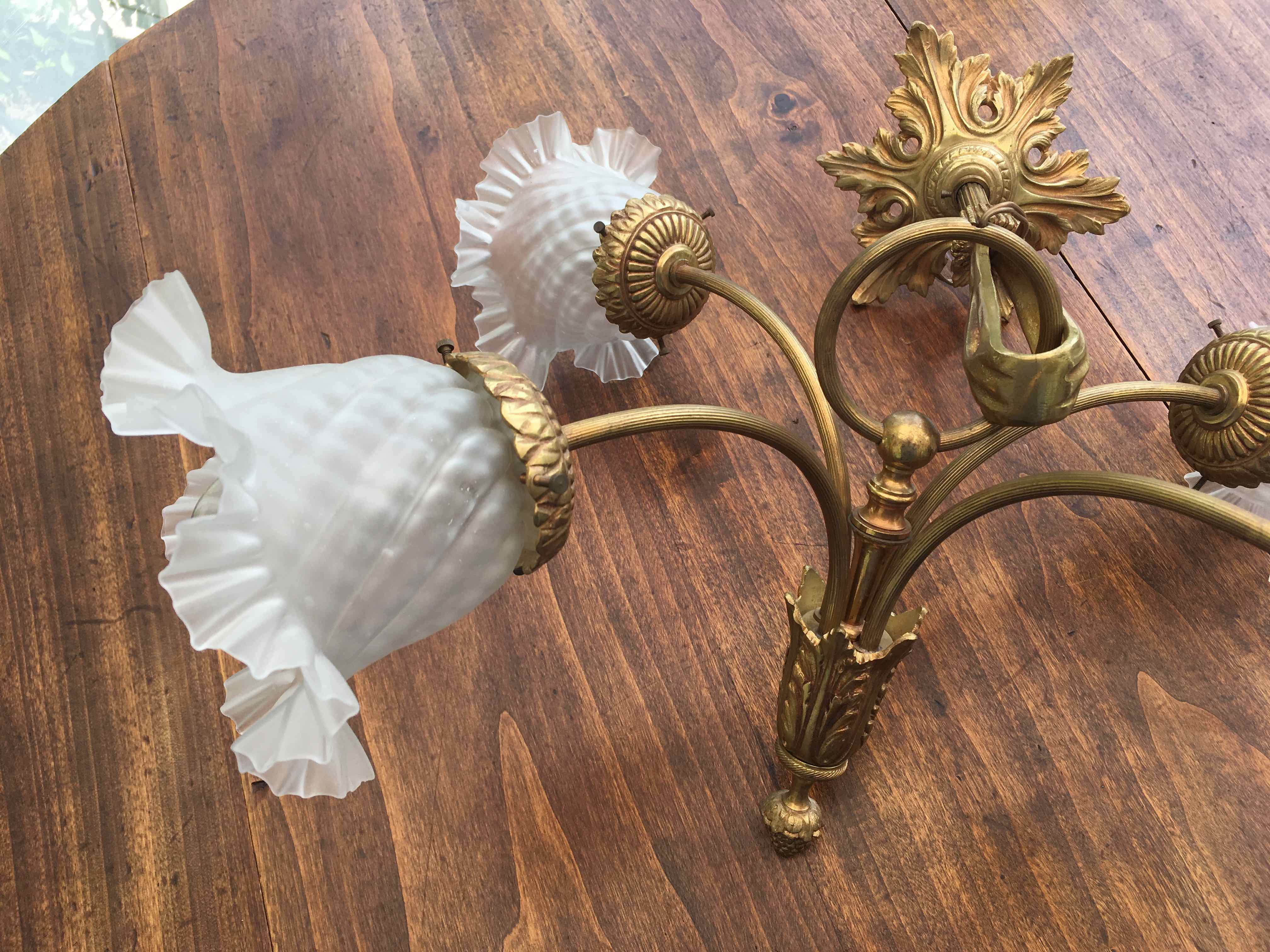 Art nouveau chandelier bronze and pressed glass