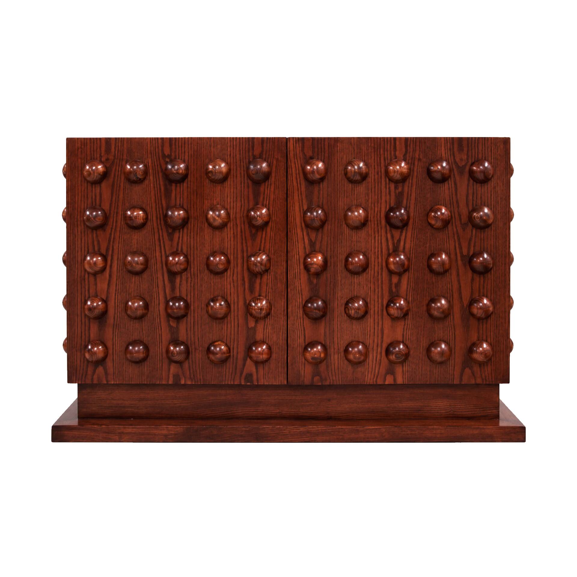 Italian Brutalist Hand-Carved Oak Wood Sideboard with Sculptural Studded Do