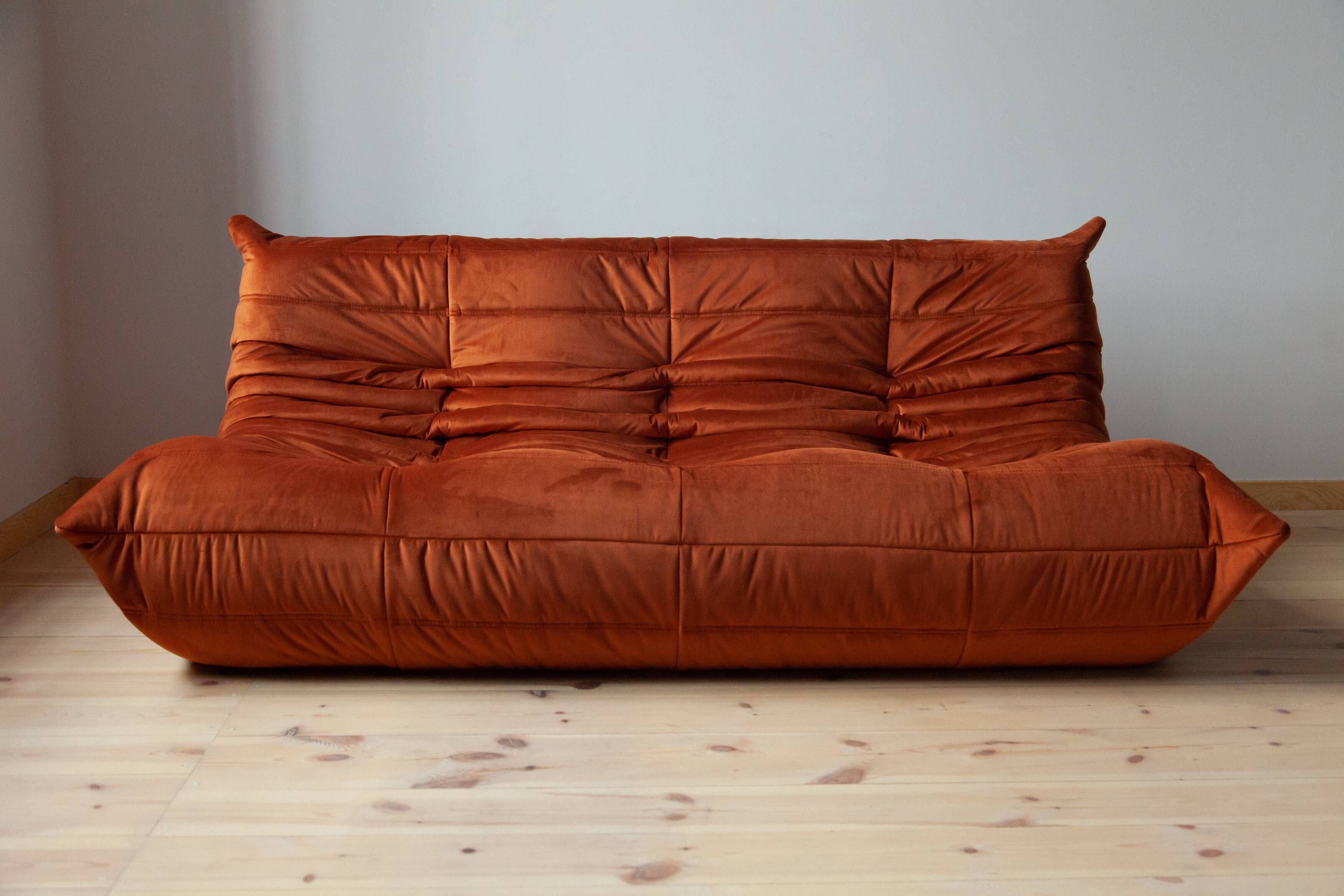 3-seater Togo dark amber velvet sofa designed by Michel Ducaroy 1973