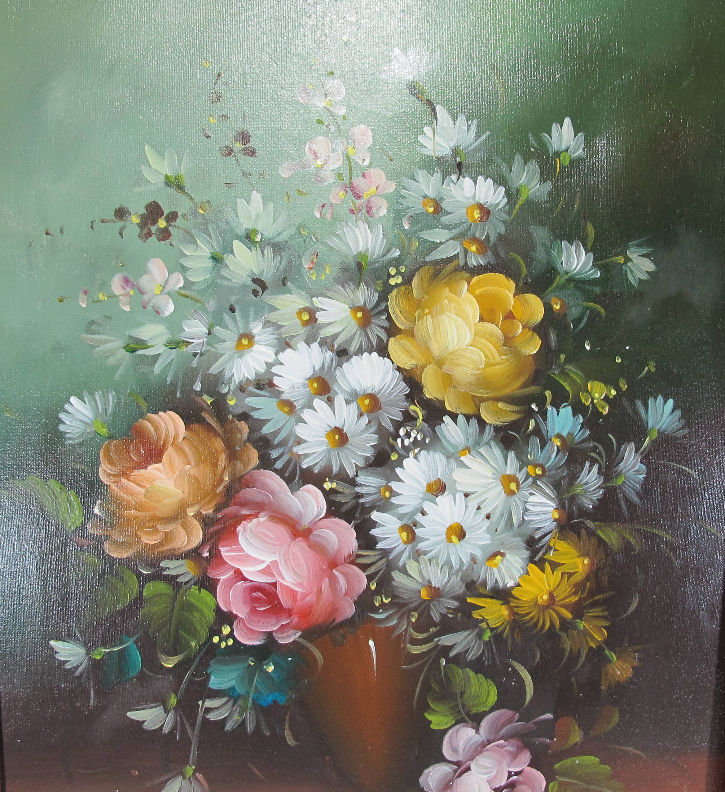 Oil painting still life vase bouquet of flowers signed