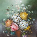 Oil painting still life vase bouquet of flowers signed