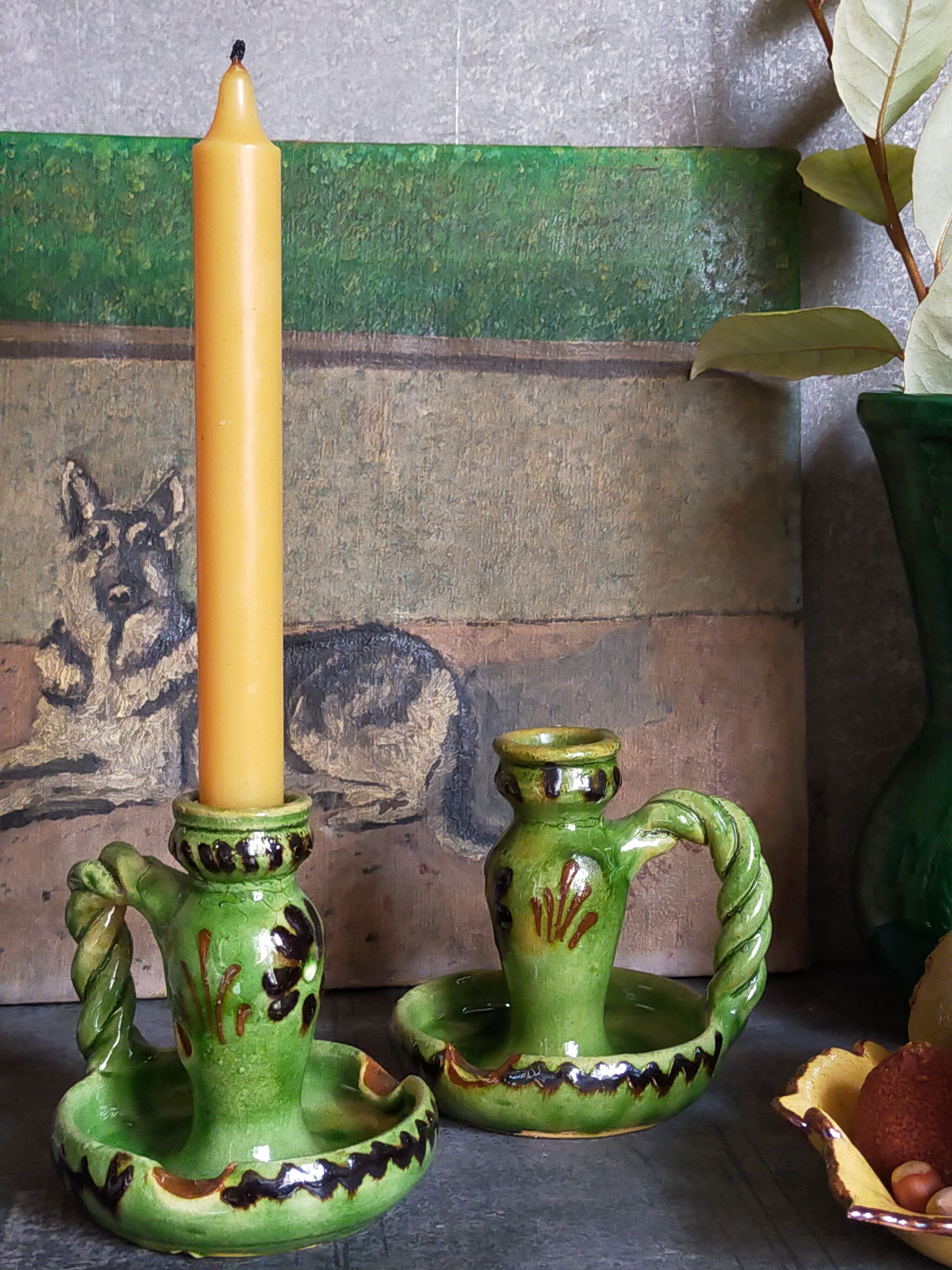 Duo of vintage potter's ceramic candle holders Regional Folk Art