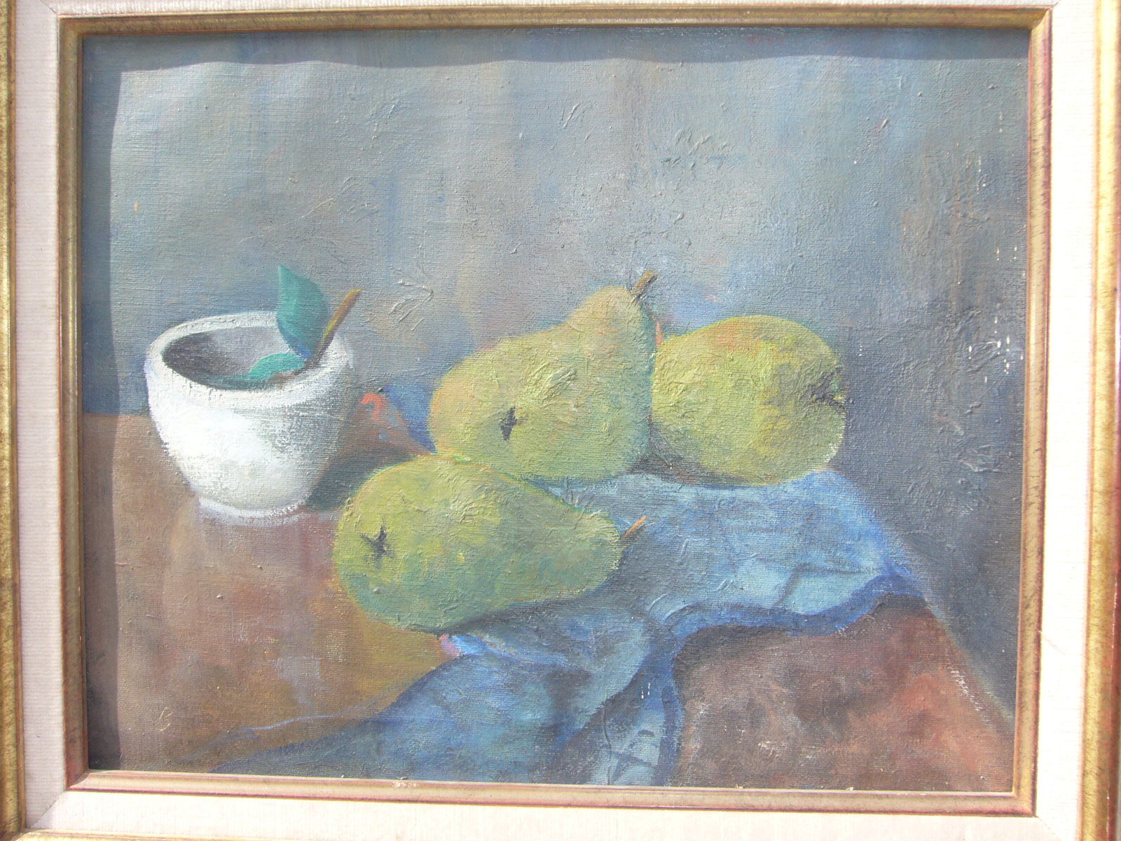 Painted still life painting has oil representing pears