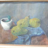 Painted still life painting has oil representing pears