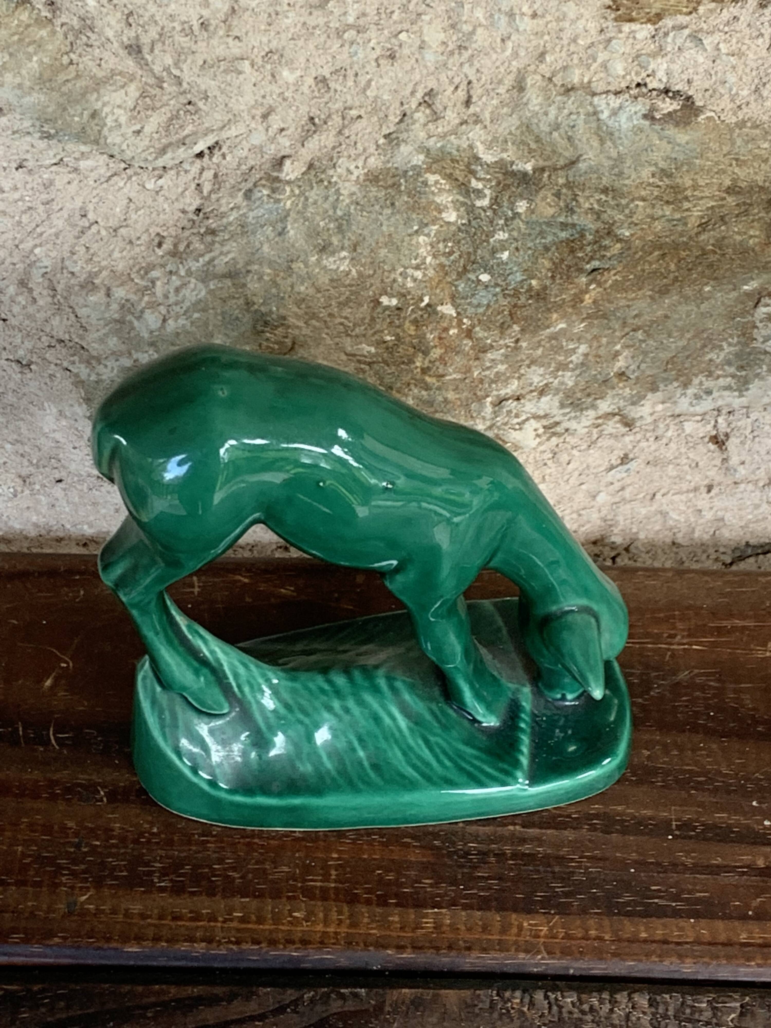 Pair of deer in green enameled ceramic, slip, decorative, Stamped, Les Buissonnets