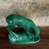 Pair of deer in green enameled ceramic, slip, decorative, Stamped, Les Buissonnets