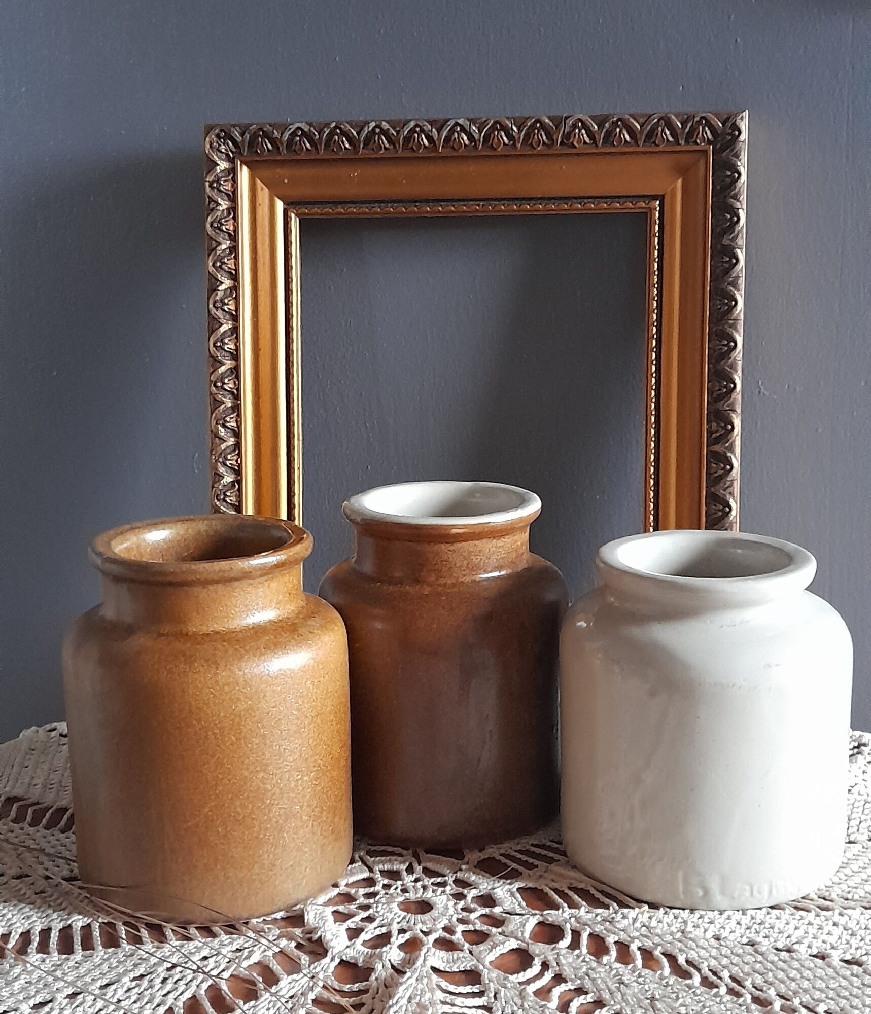 4 old stoneware mustard pots, lab Lagny, vintage France circa 1950/1960