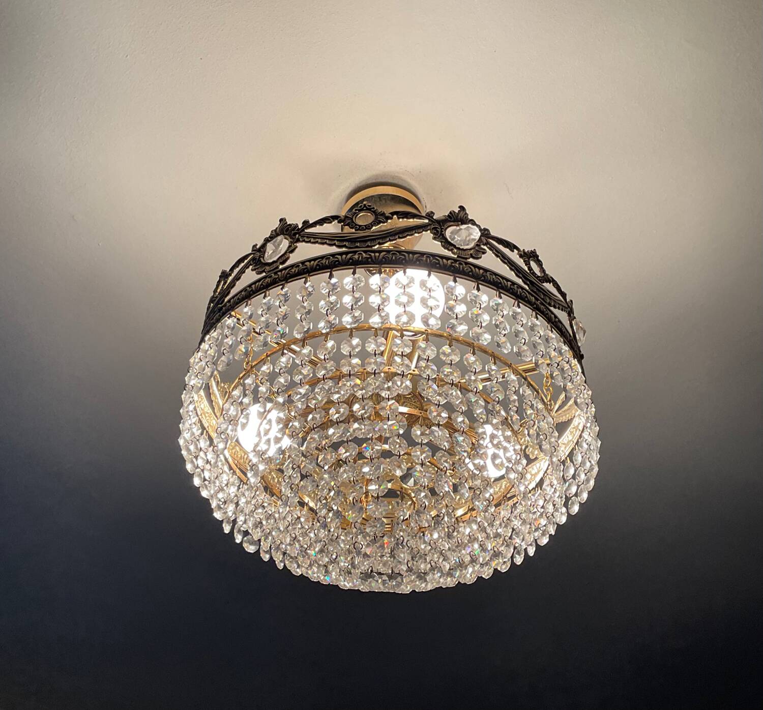 Vintage chandelier cascade of crystal and brass tassels