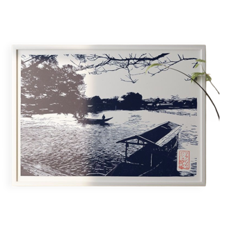 Linogravure de la rivière Katsura à Arashiyama Bleu de prusse