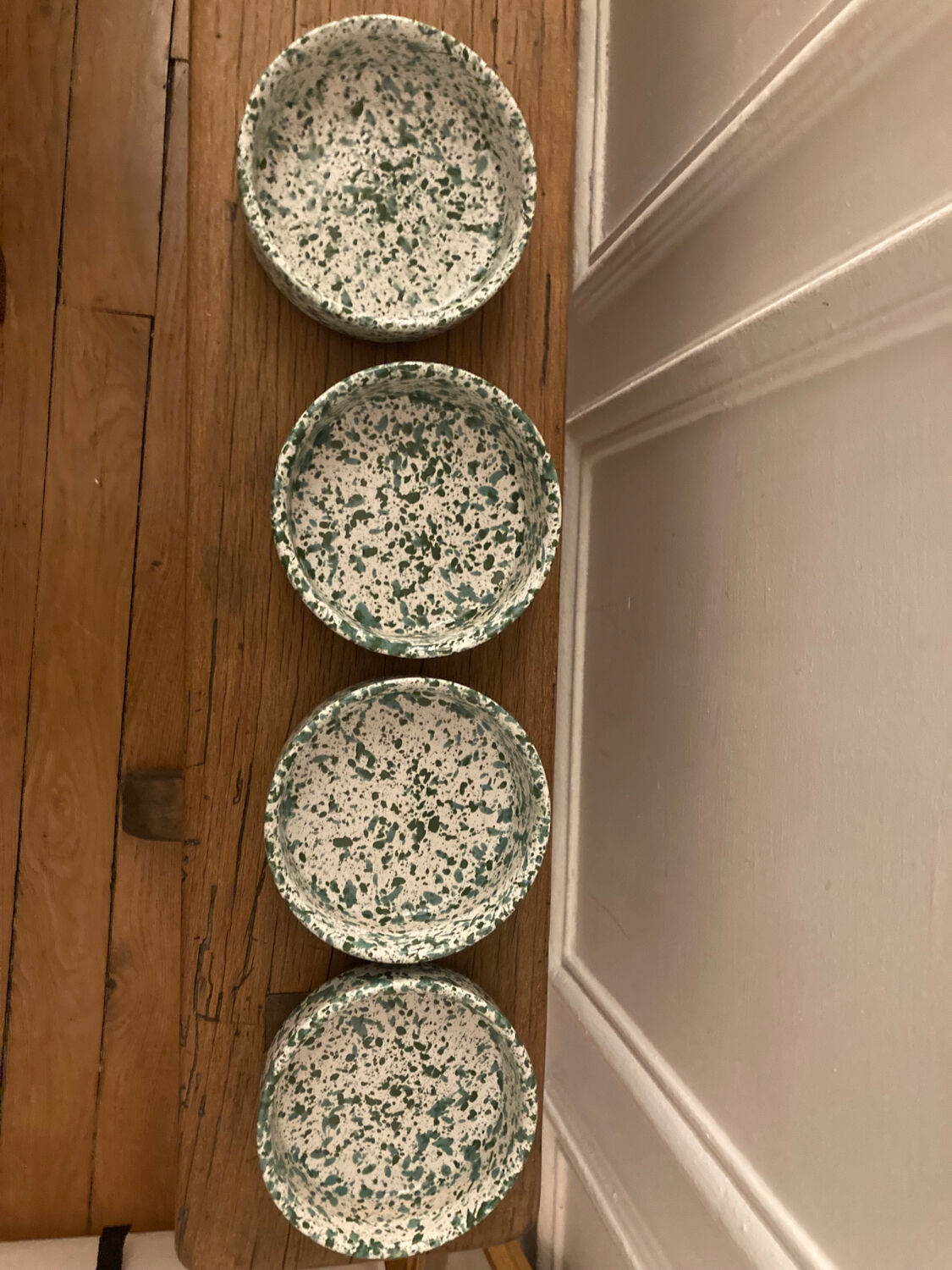 4 green speckled ramekins