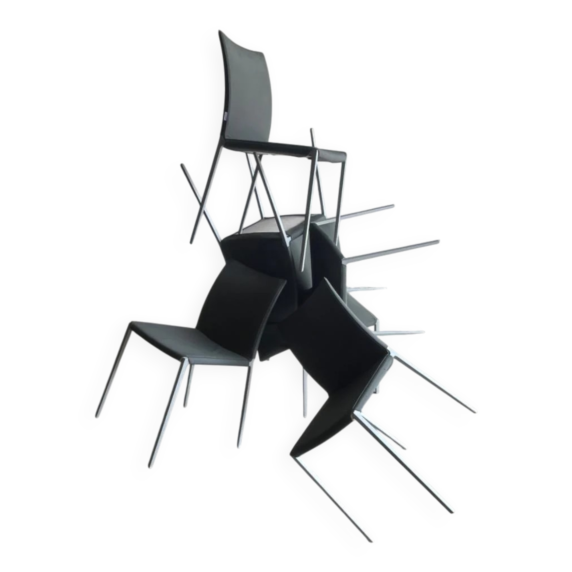 Set of 5 Zanotta 'Lia' chairs — matt aluminum frame with dark grey leather seats, Italian minimalist design