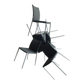 Set of 5 Zanotta 'Lia' chairs — matt aluminum frame with dark grey leather seats, Italian minimalist design