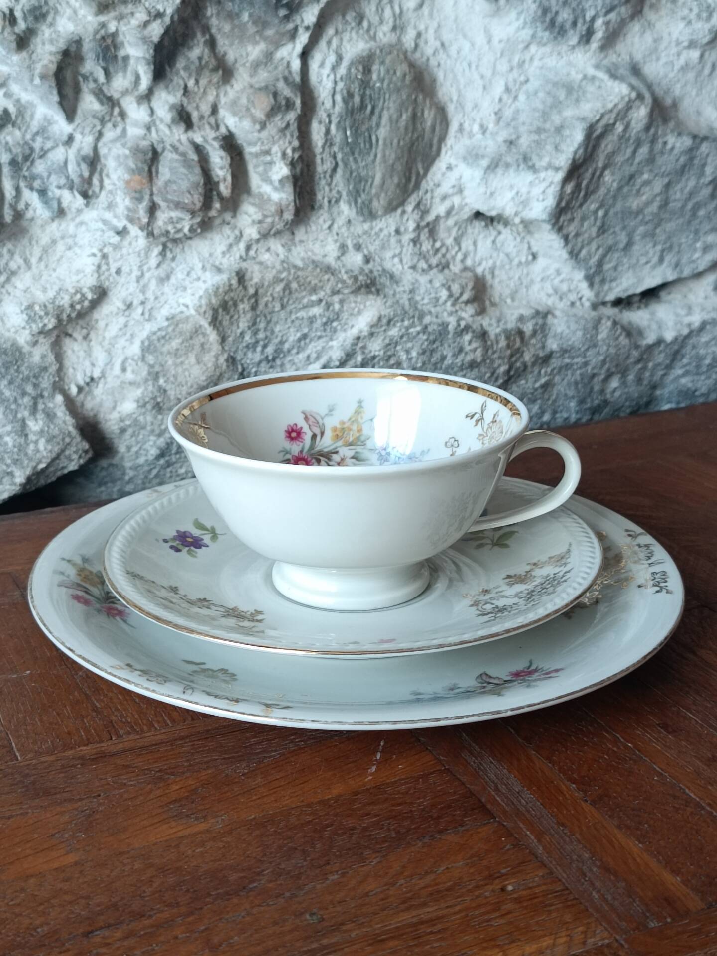 Antique porcelain trio Bavaria – cup, saucer, plate – flowers & do