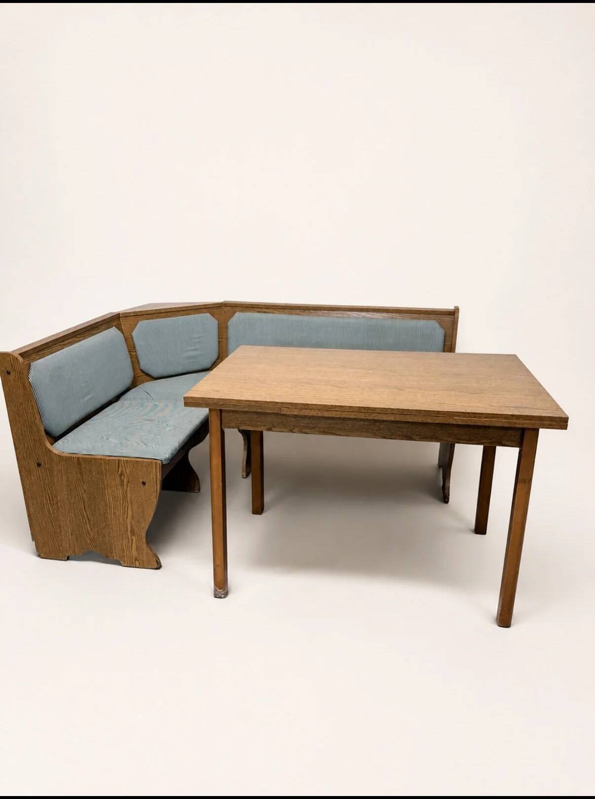 Ensemble vintage de coin repas en chêne — banquette, table extensible et 2 chaises