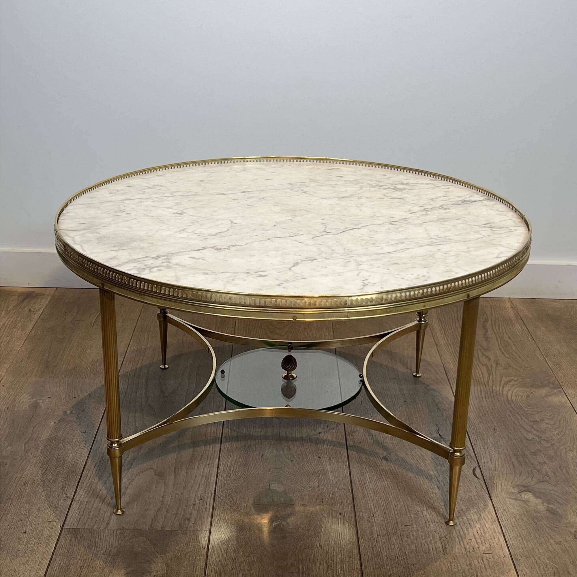 Neoclassical Round Coffee Table in Brass with Beaded Gallery. Marble Top