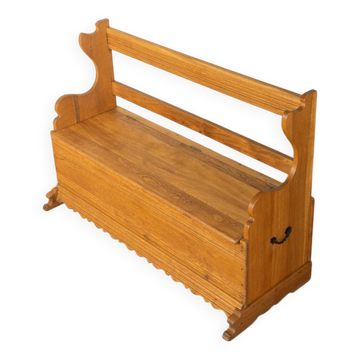 Banc coffre ancien vers 1900, en chêne massif, fait à la main