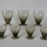 Set of 7 large art deco design wine glasses in smoked glass from the 30s and 40s