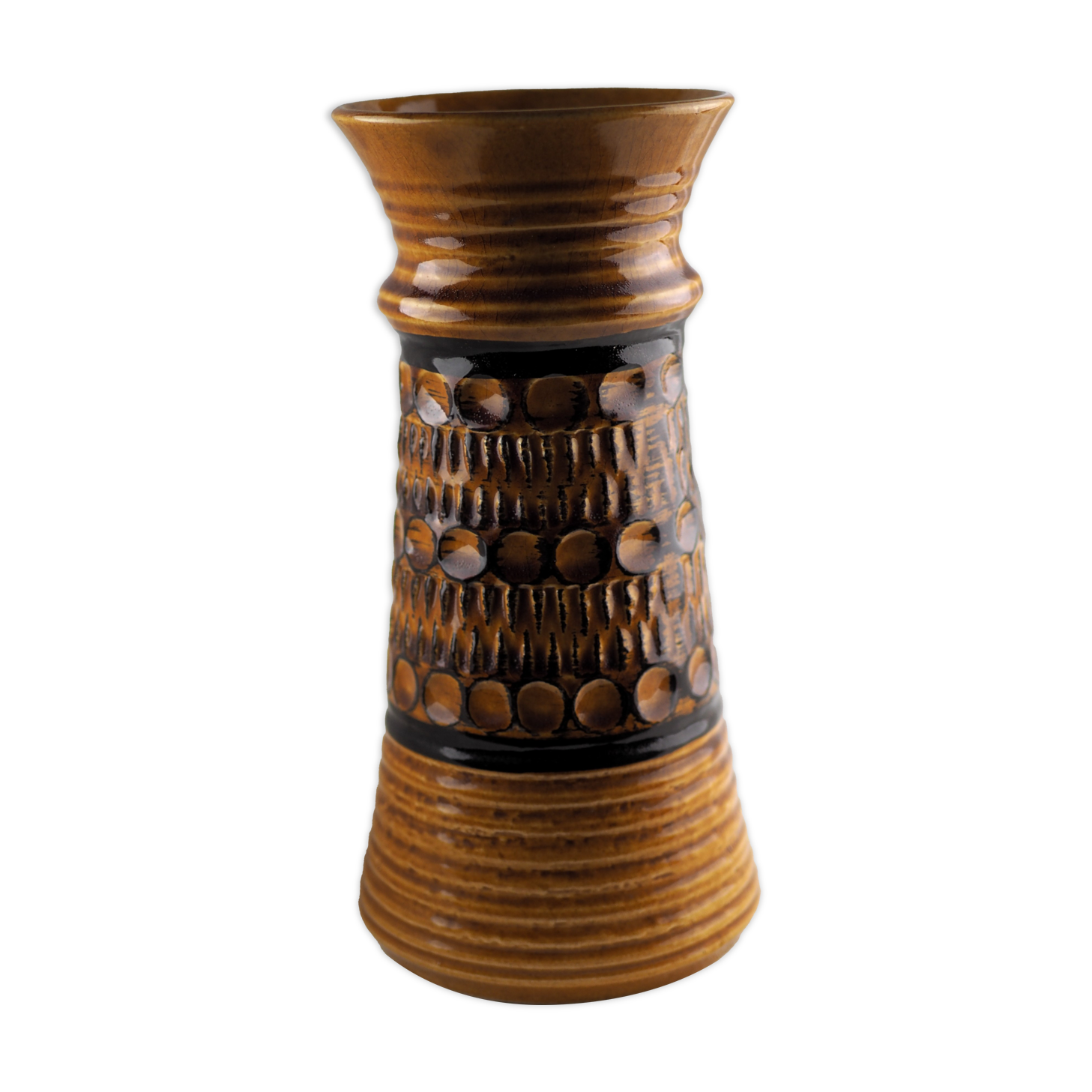 High arched vase, round hollow patterns and spikes, black and ocher seventies vibe - Bay Keramik - 70'