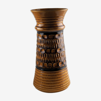 High arched vase, round hollow patterns and spikes, black and ocher seventies vibe - Bay Keramik - 70'