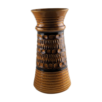 Vase cintré motifs en creux ronds et pointes vibe seventies noire et ocre - Bay Keramik - 70'