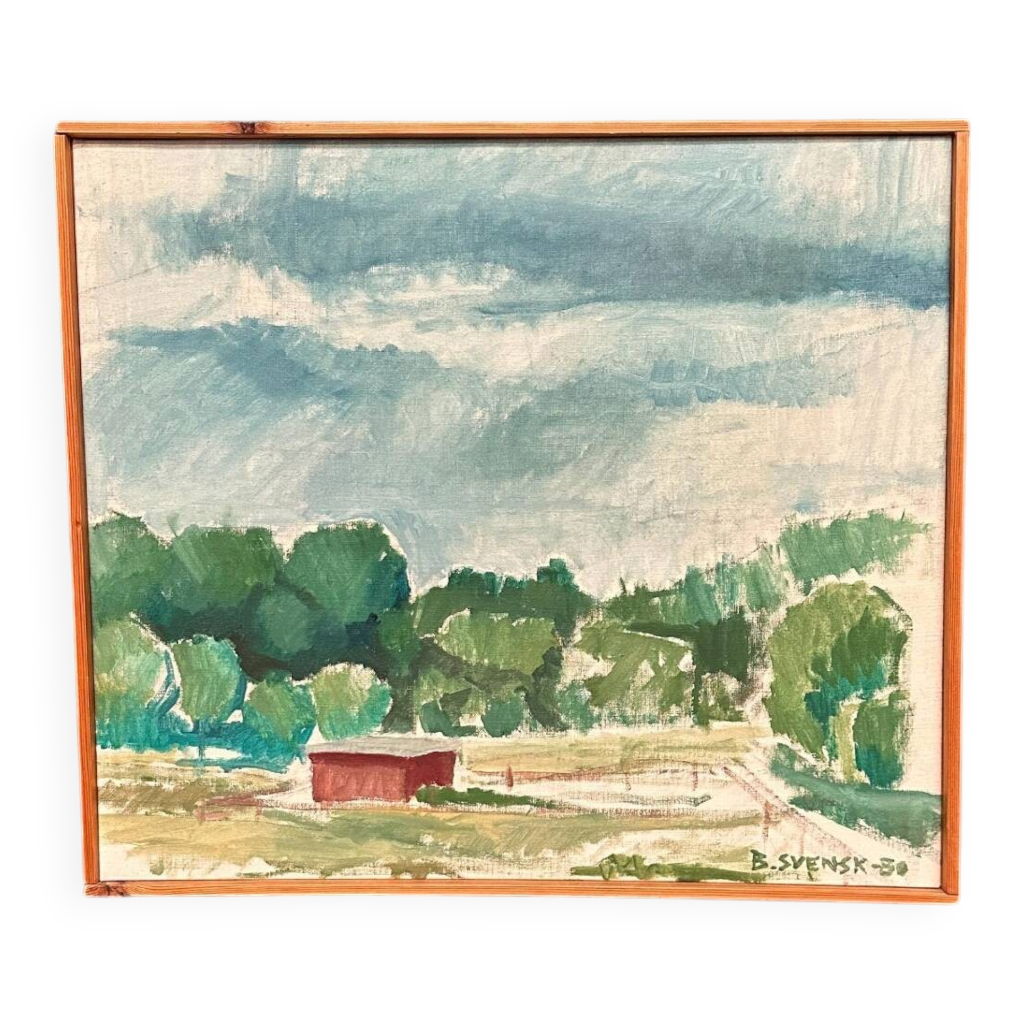 Original Swedish Oil on Canvas – “Milk Shed at Kaga” by Björn Svensk – Signed – Dated 1980 – Vintage & Framed