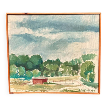 Original Swedish Oil on Canvas – “Milk Shed at Kaga” by Björn Svensk – Signed – Dated 1980 – Vintage & Framed