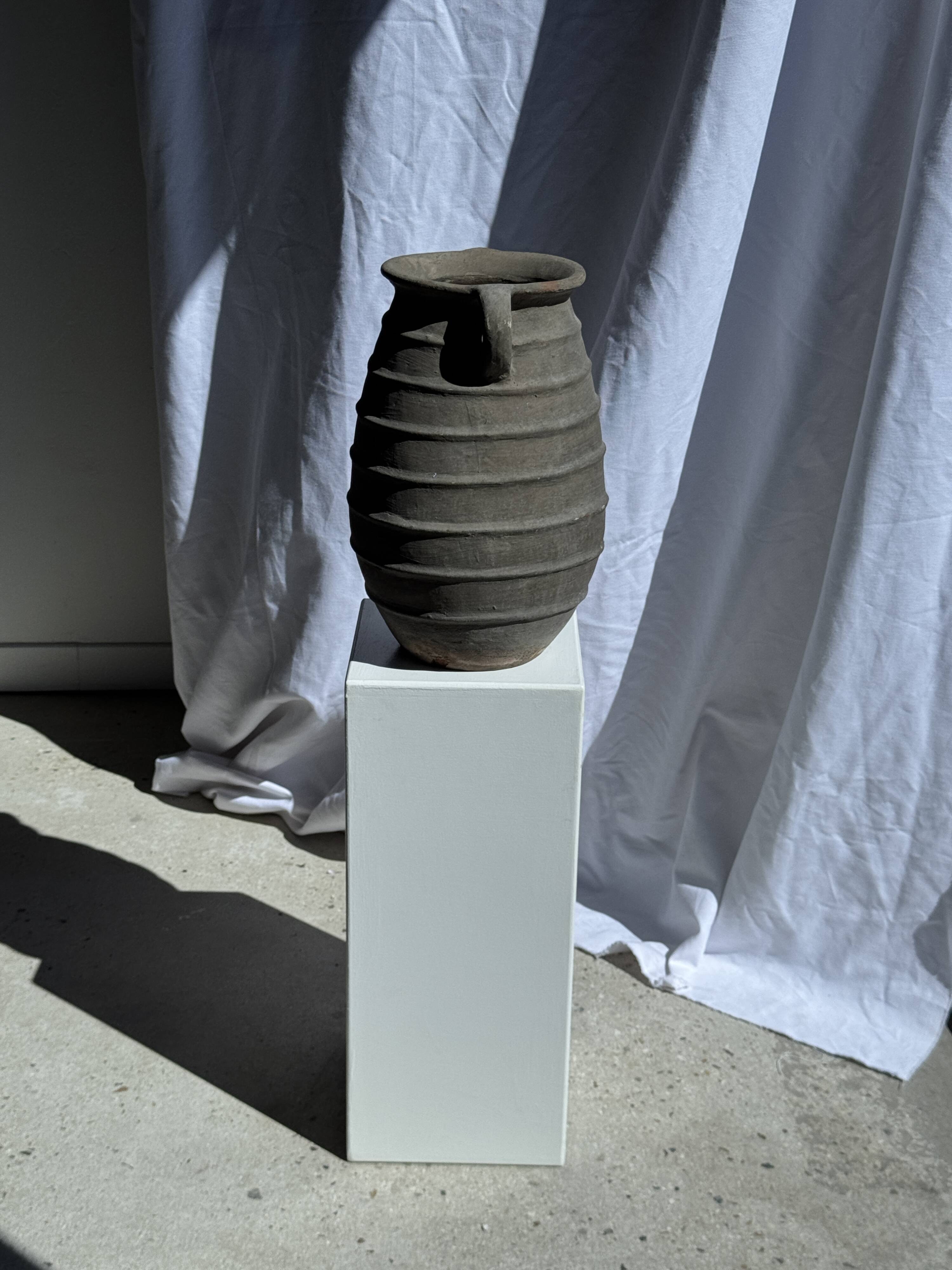 Large oval vase with double handles, featuring raised grey-beige stripes, H42 D28.